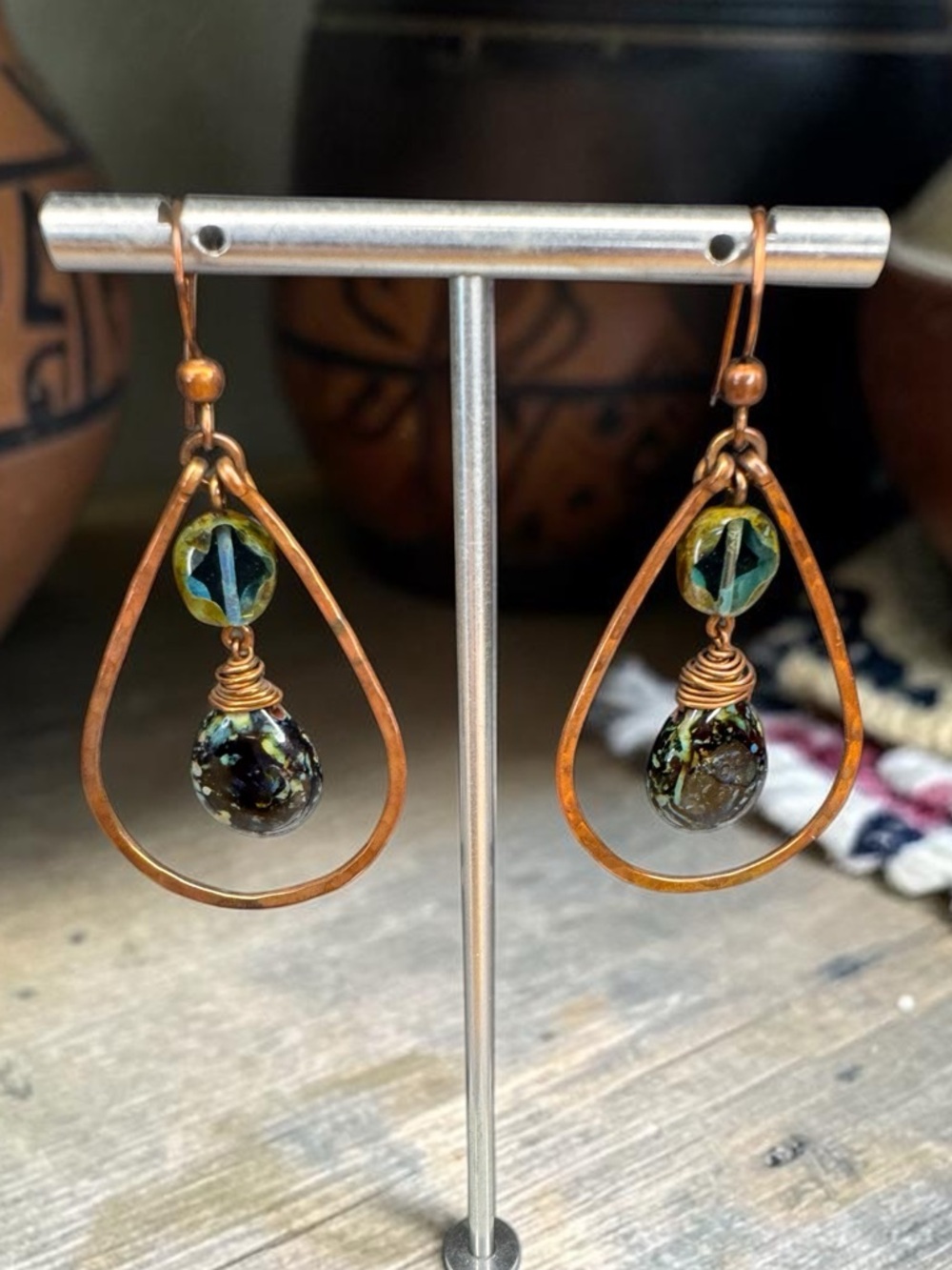 Artisan Made Copper Teardrop Earrings with Glass Beads - SKU A